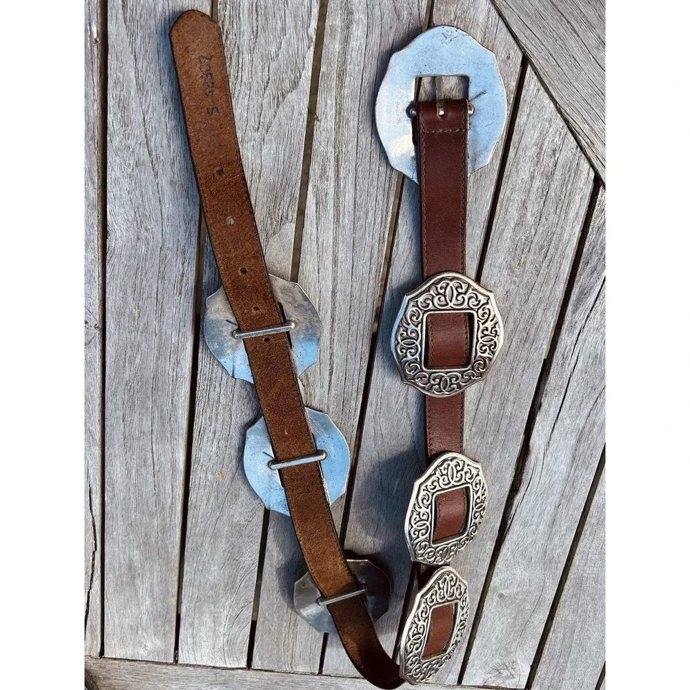 Vtg 90's Brighton Oval Sunflower Concho Belt S Brown Leather Floral Boho Cowgirl - Picture 14 of 15